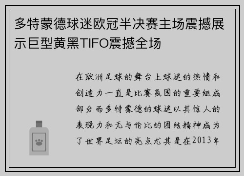 多特蒙德球迷欧冠半决赛主场震撼展示巨型黄黑TIFO震撼全场
