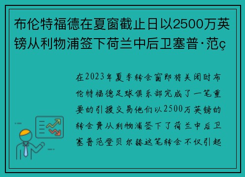 布伦特福德在夏窗截止日以2500万英镑从利物浦签下荷兰中后卫塞普·范登贝尔赫 布伦特福德在夏窗截止日以2500万英镑从利物浦签下荷兰中后卫塞普·范登贝尔赫